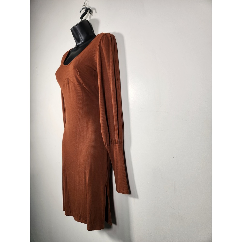 FIRESTAR Mini Dress Women L Brown Ribbed Knit Back Cutout Long Sleeve Party Club - Picture 4 of 12